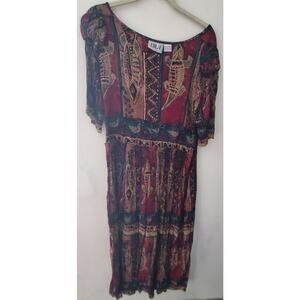 Bila Short Sleeve Brown Multi Animal Graphic Dress - Size Large EUC